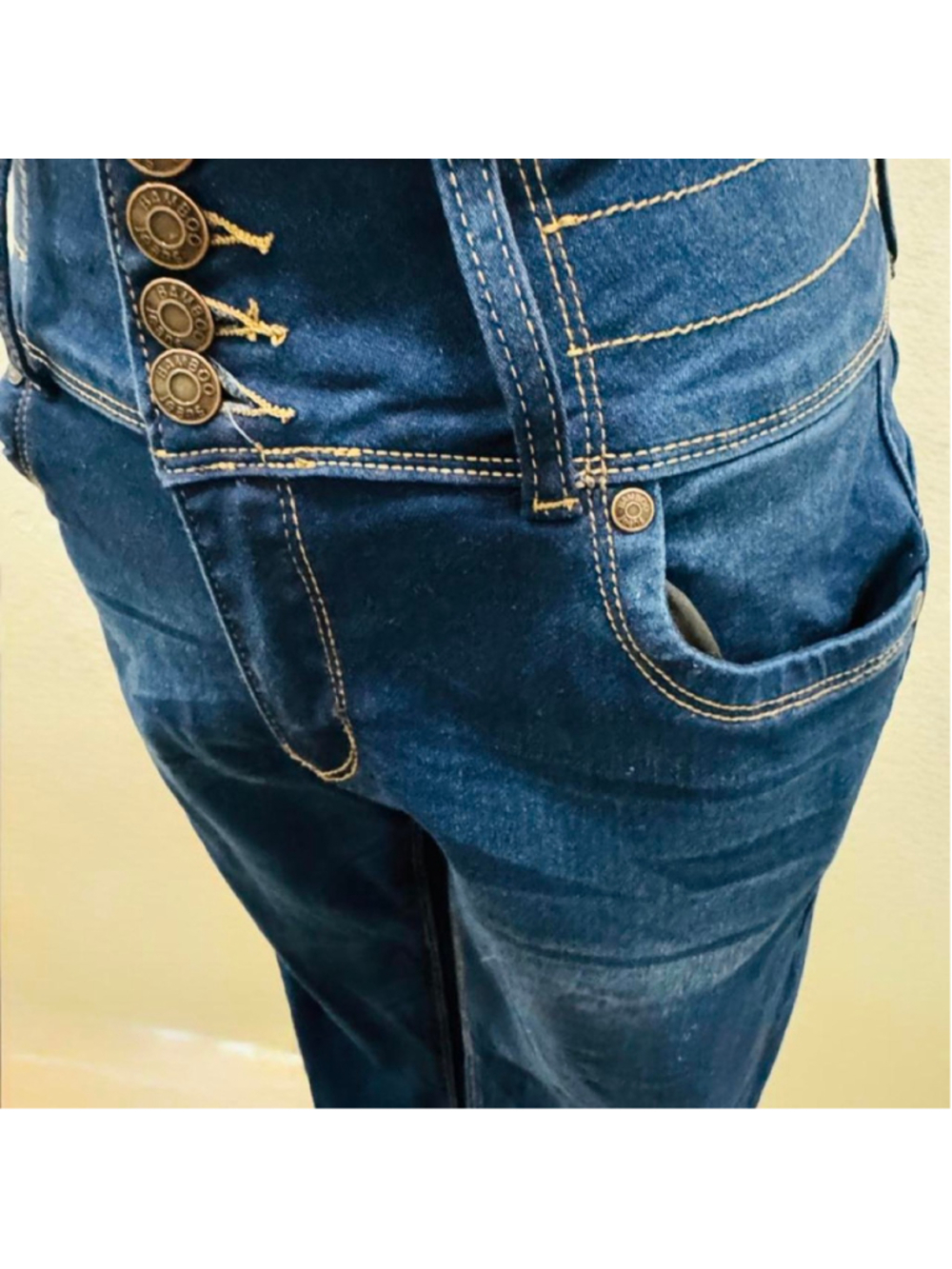 Bamboo Jeans Navy Blue Denim High Rise Skinny Jeans with Gold Stitching and Butt